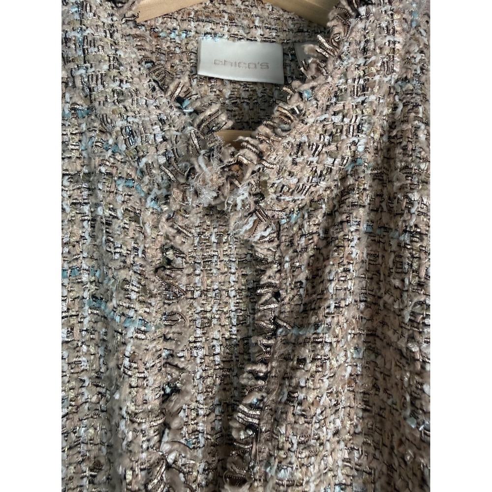 Chico's Tweed Fringe Topper Jacket Women Size 3 XL Beige Gold Open Front Coat - Picture 4 of 11